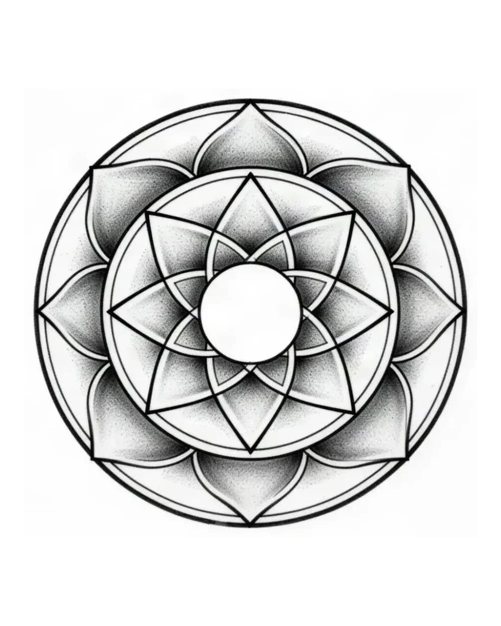 Concentric sacred geometry stencil with petal intersections and open center used to illustrate ring and radius hierarchy