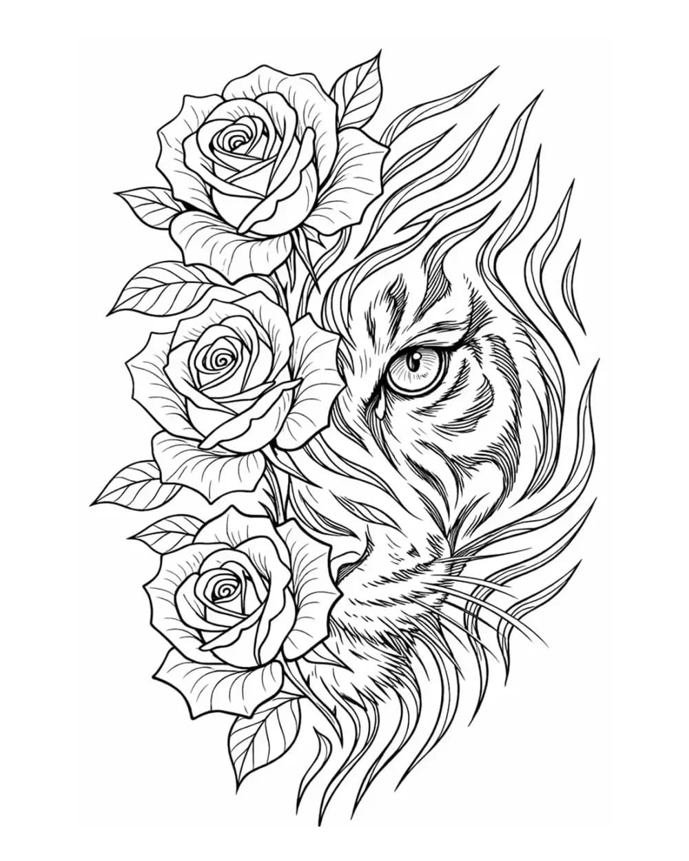 Tiger portrait tattoo stencil framed by roses