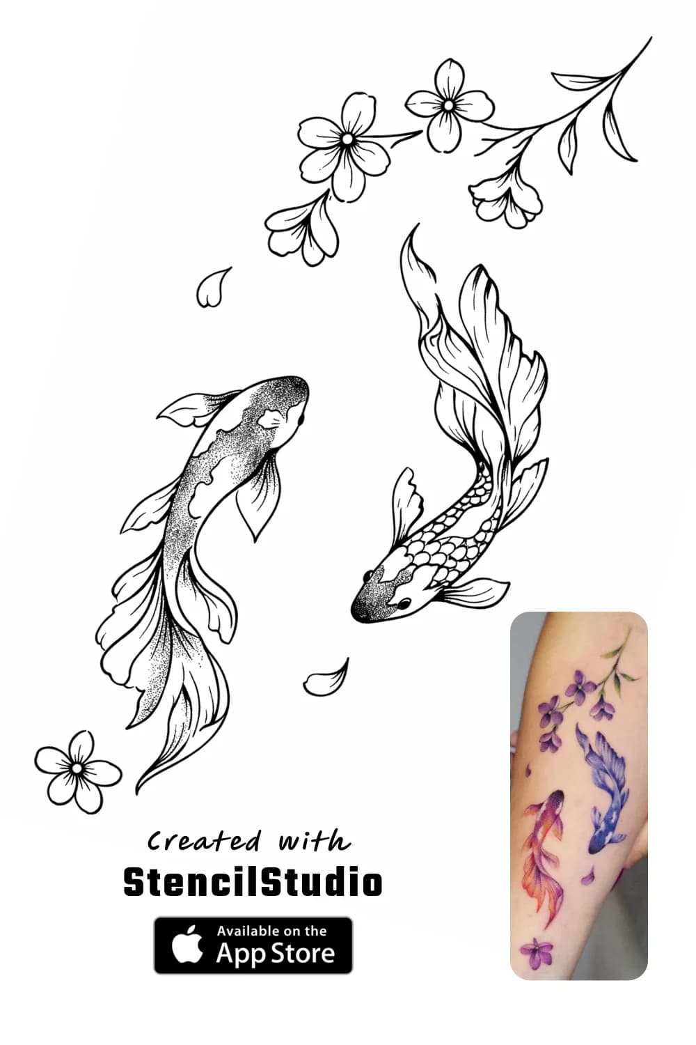 Animal tattoo stencil example featuring koi fish with floral support