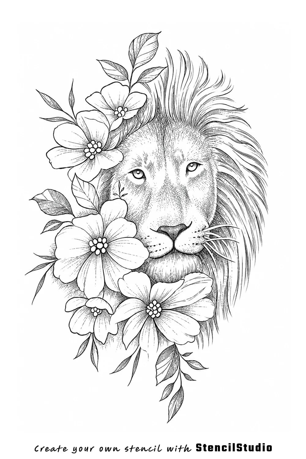 lion with flowers tattoo stencil example