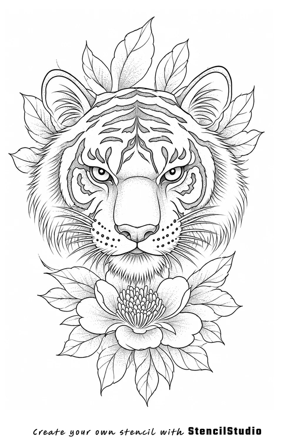 tiger with flowers tattoo stencil example