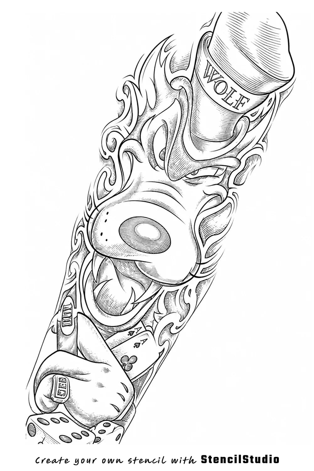wolf with gambling motifs tattoo stencil example