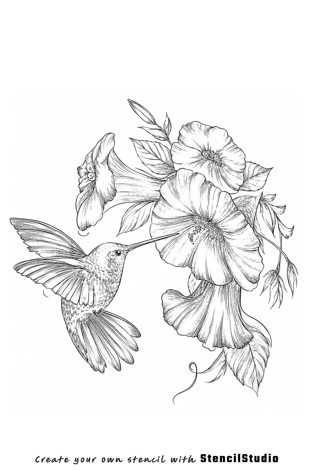 hummingbird with trumpet flowers tattoo stencil example