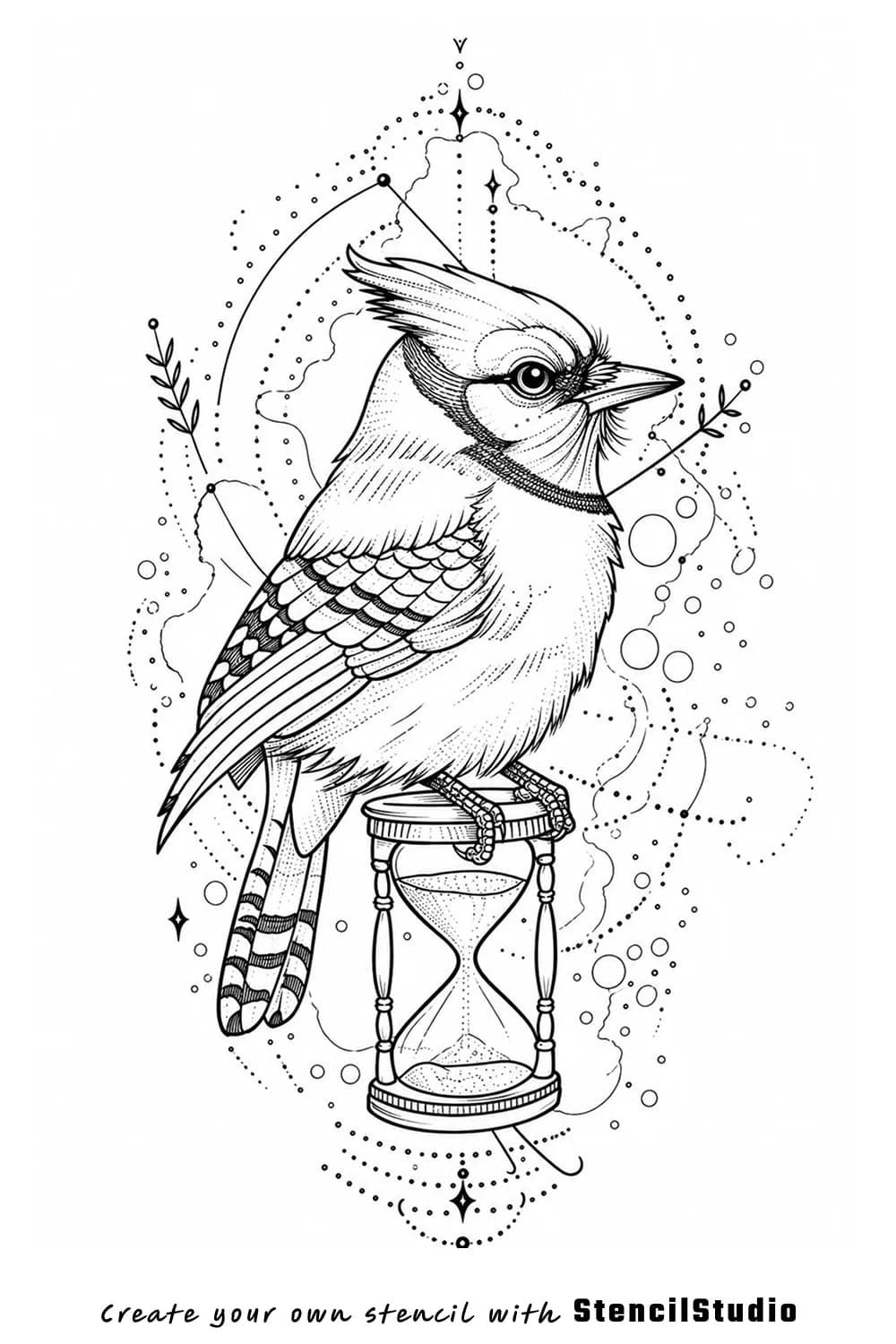 blue jay on hourglass tattoo stencil example