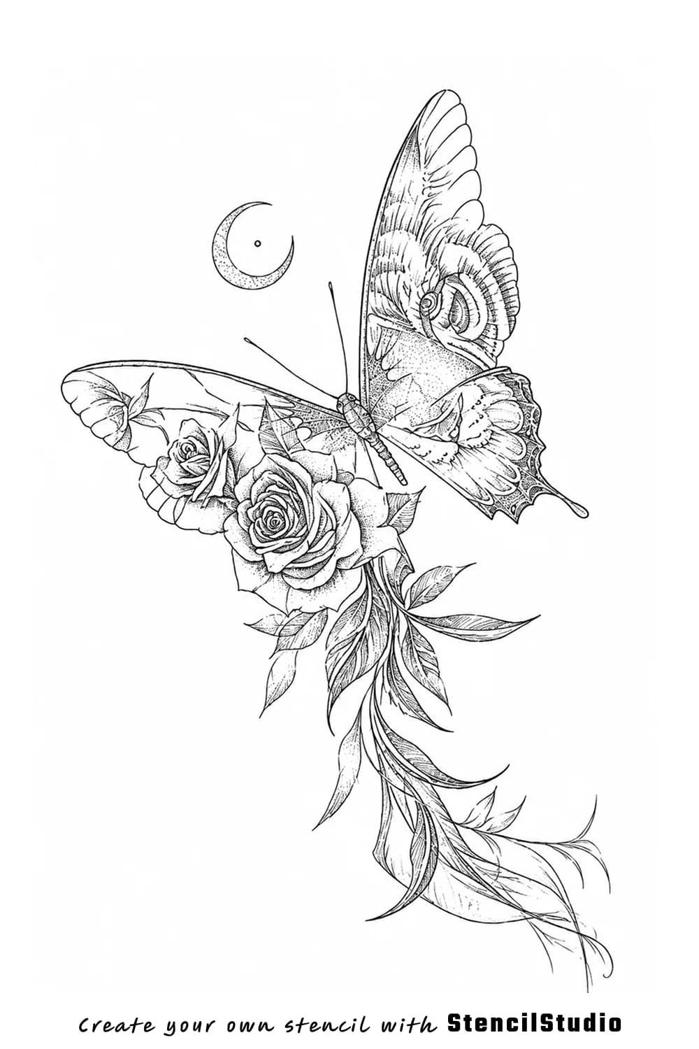 butterfly with roses tattoo stencil example