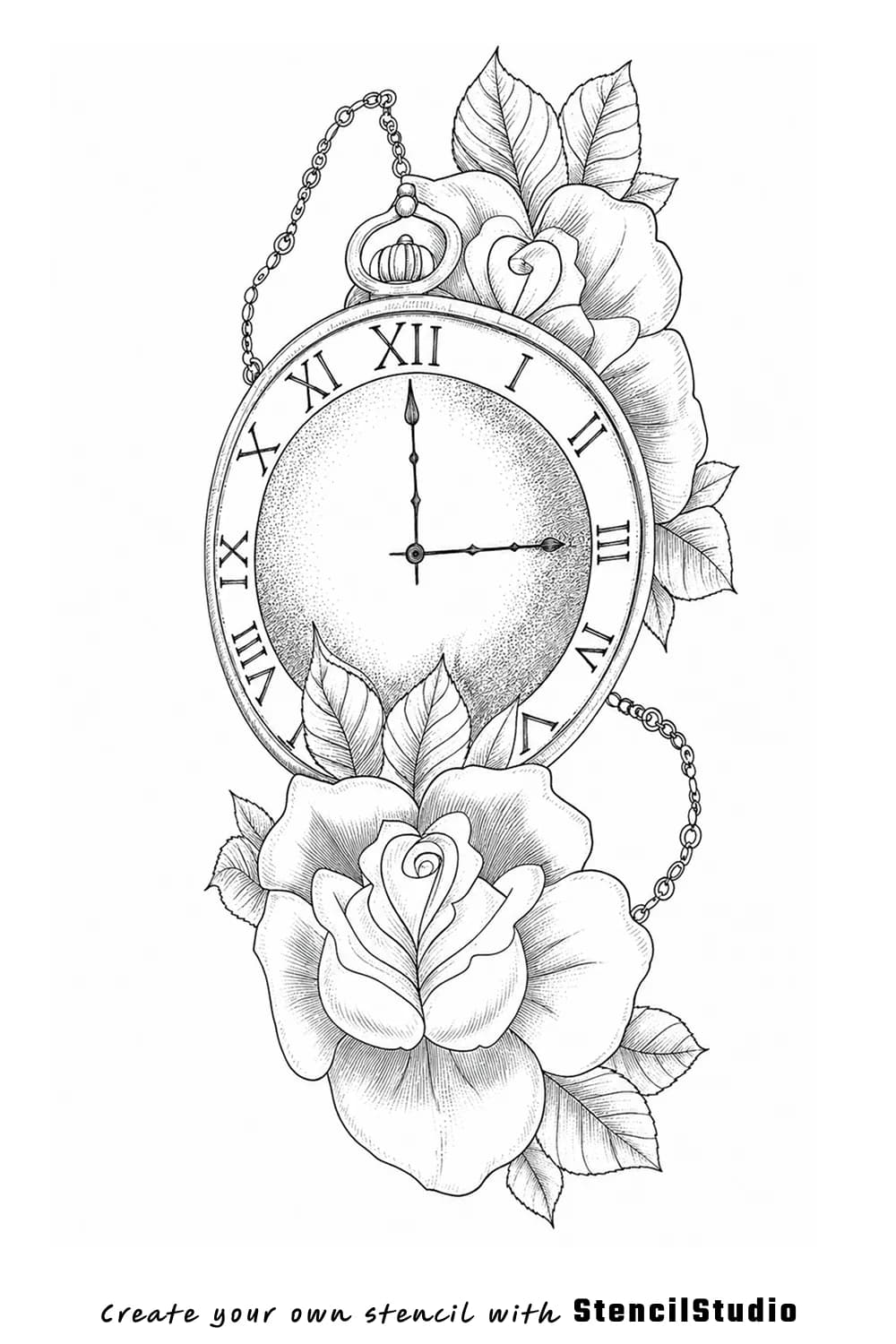 pocket watch with roses tattoo stencil example