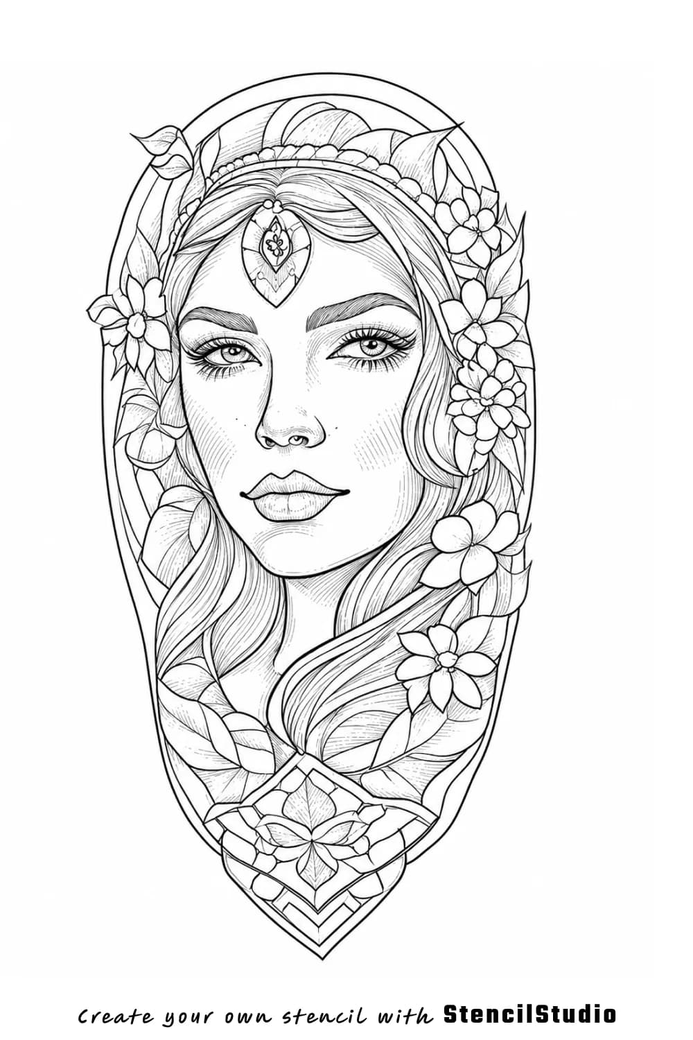 woman portrait with floral headpiece tattoo stencil example