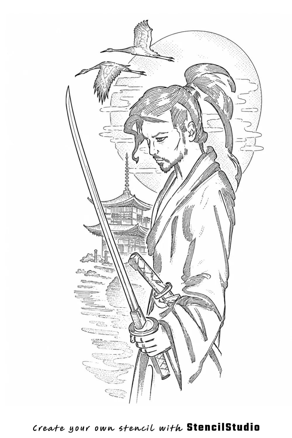 samurai with katana tattoo stencil example