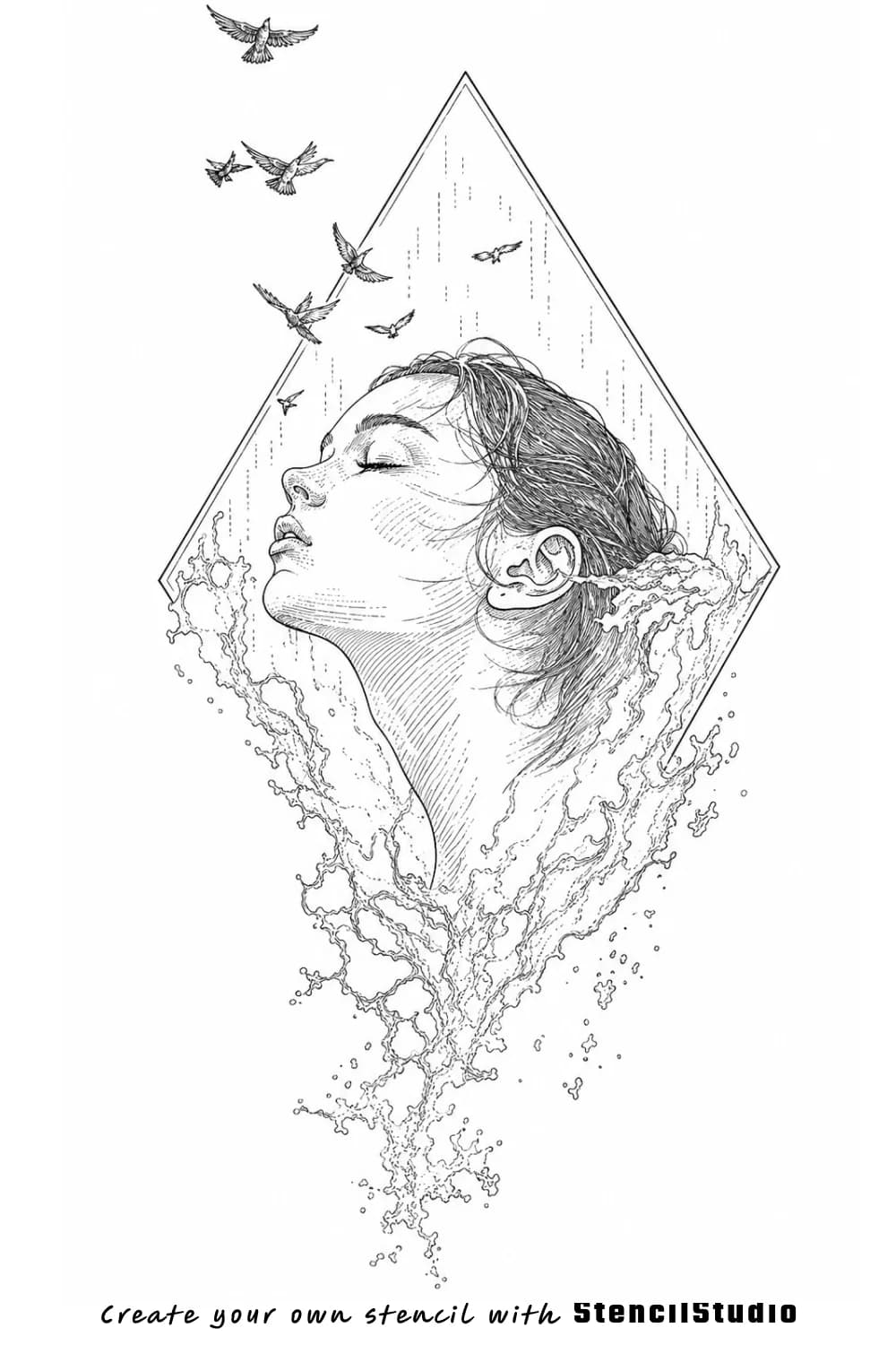 woman profile with water and birds tattoo stencil example
