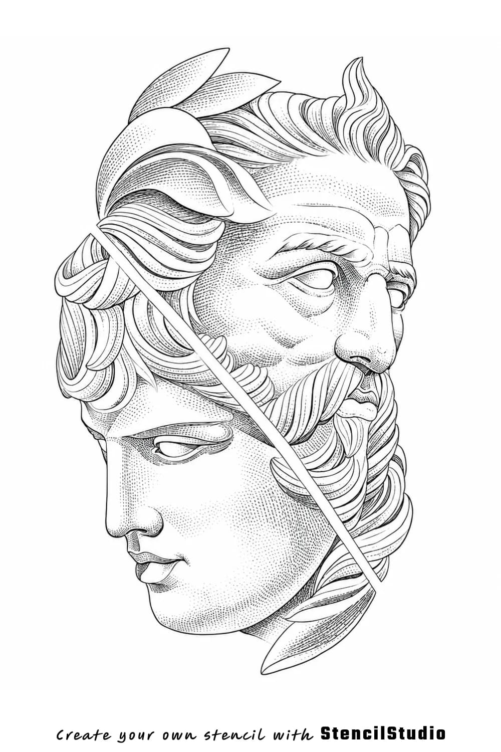 split classical bust tattoo stencil example
