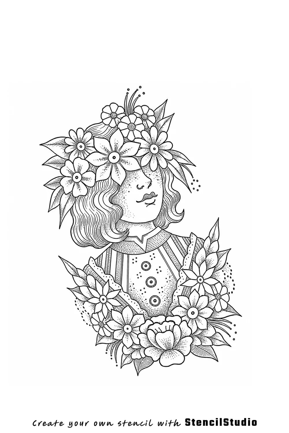 woman with floral blindfold tattoo stencil example