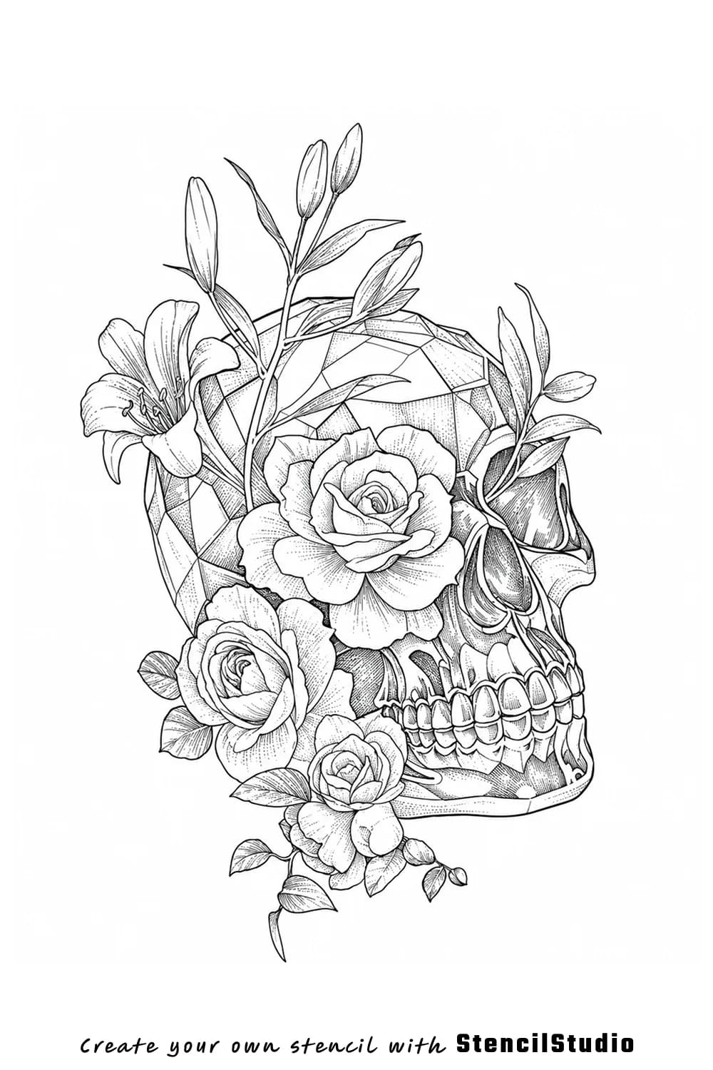 geometric skull with roses and lilies tattoo stencil example