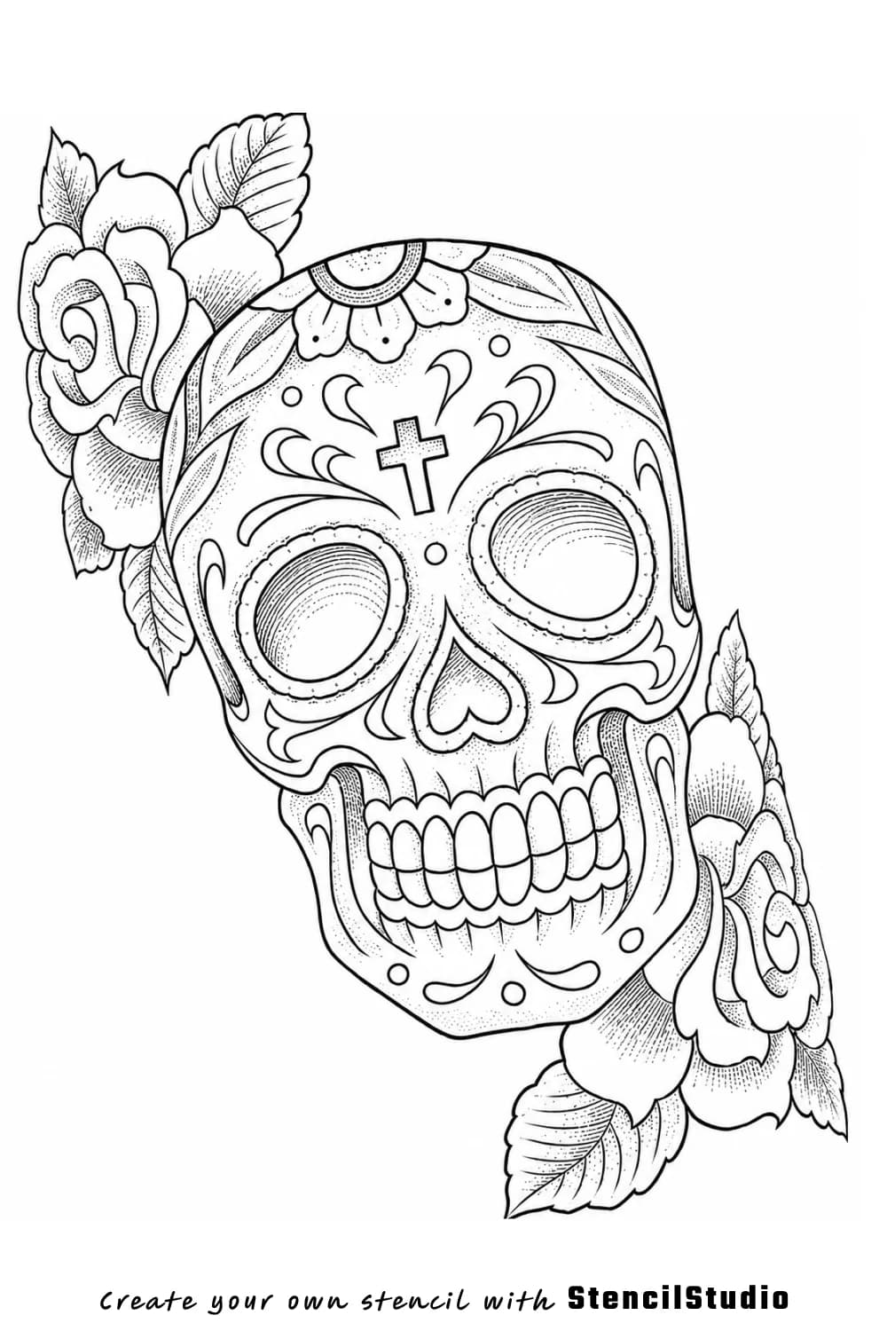 sugar skull with roses tattoo stencil example