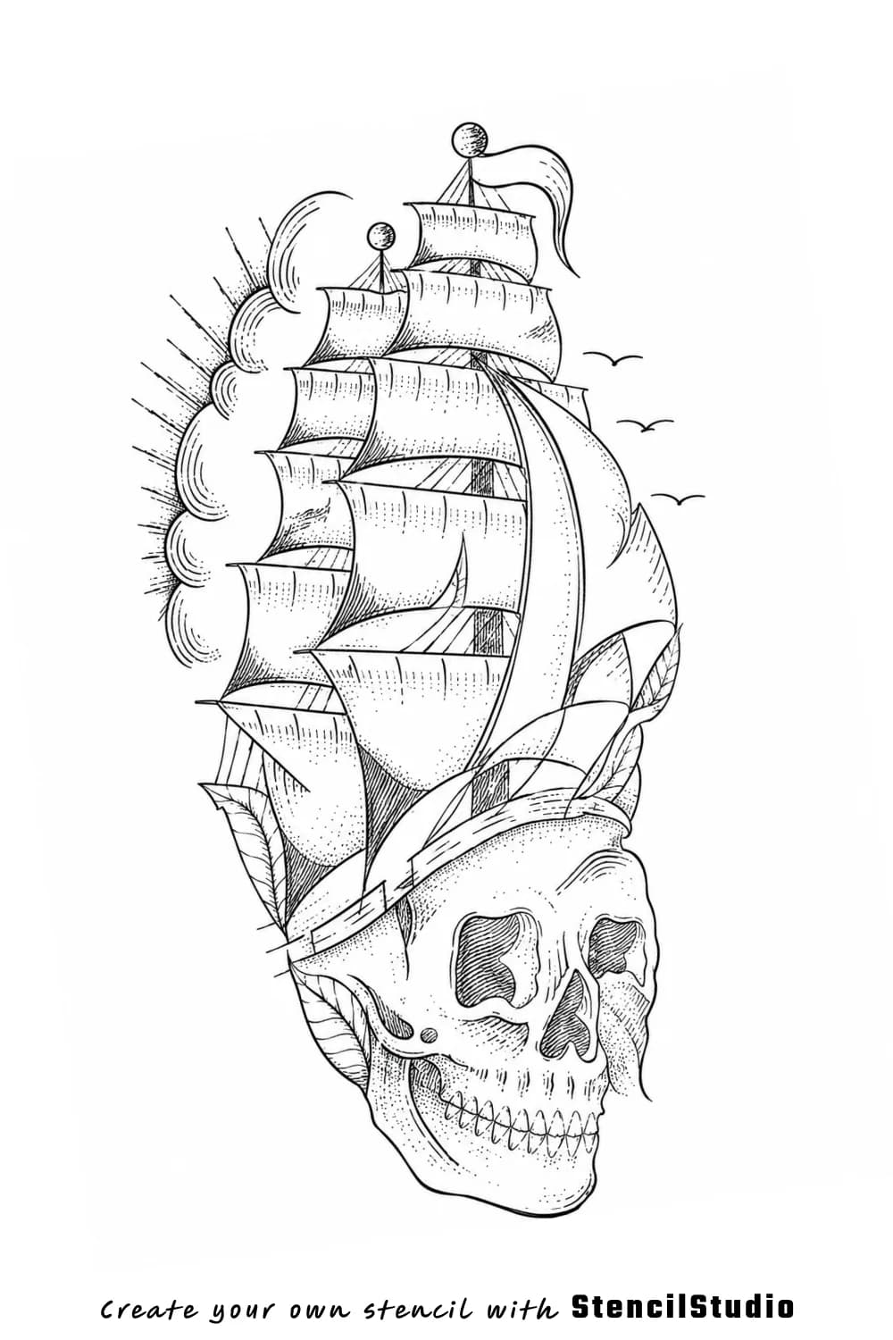 skull with sailing ship tattoo stencil example