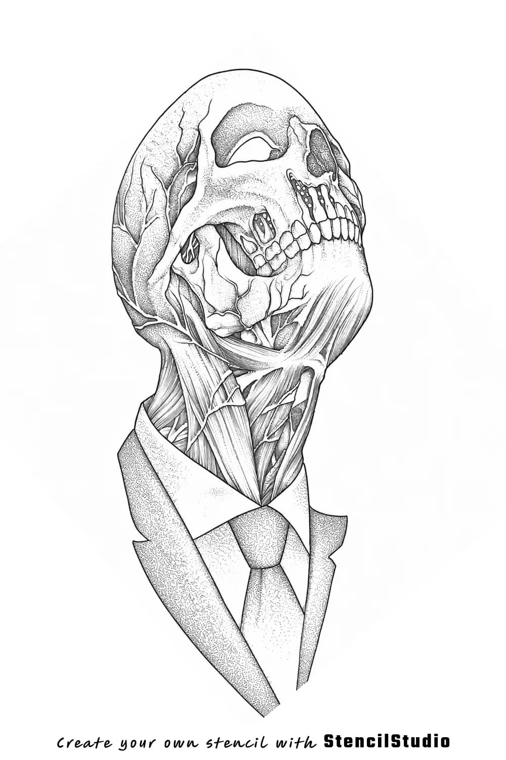 skull in suit with neck anatomy tattoo stencil example