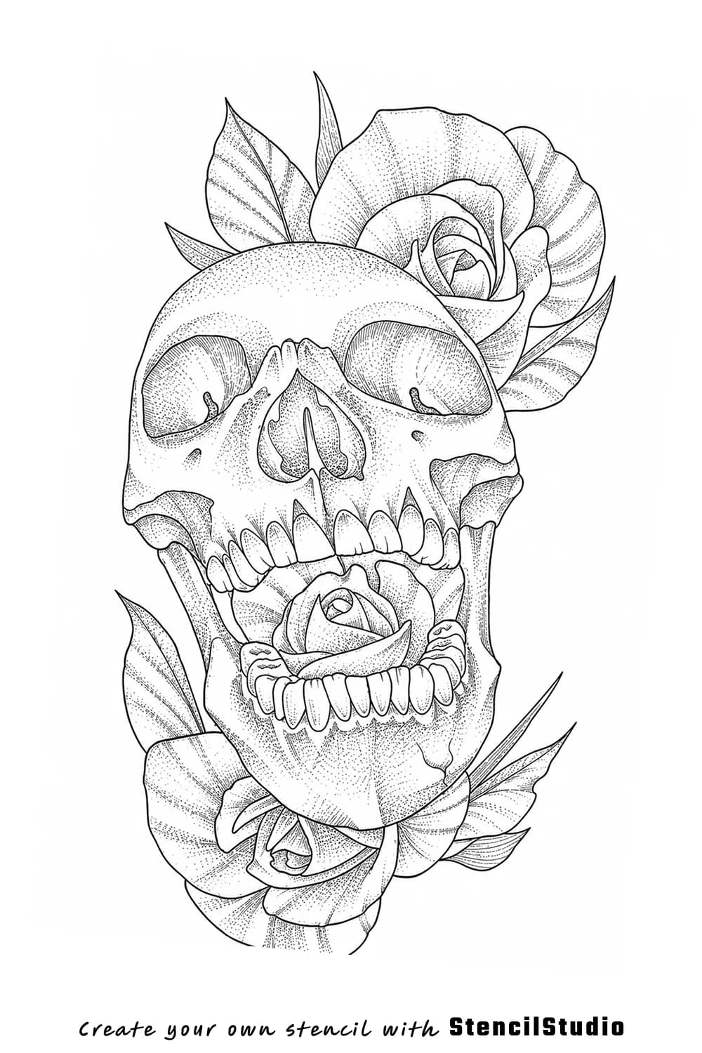 skull with roses tattoo stencil example