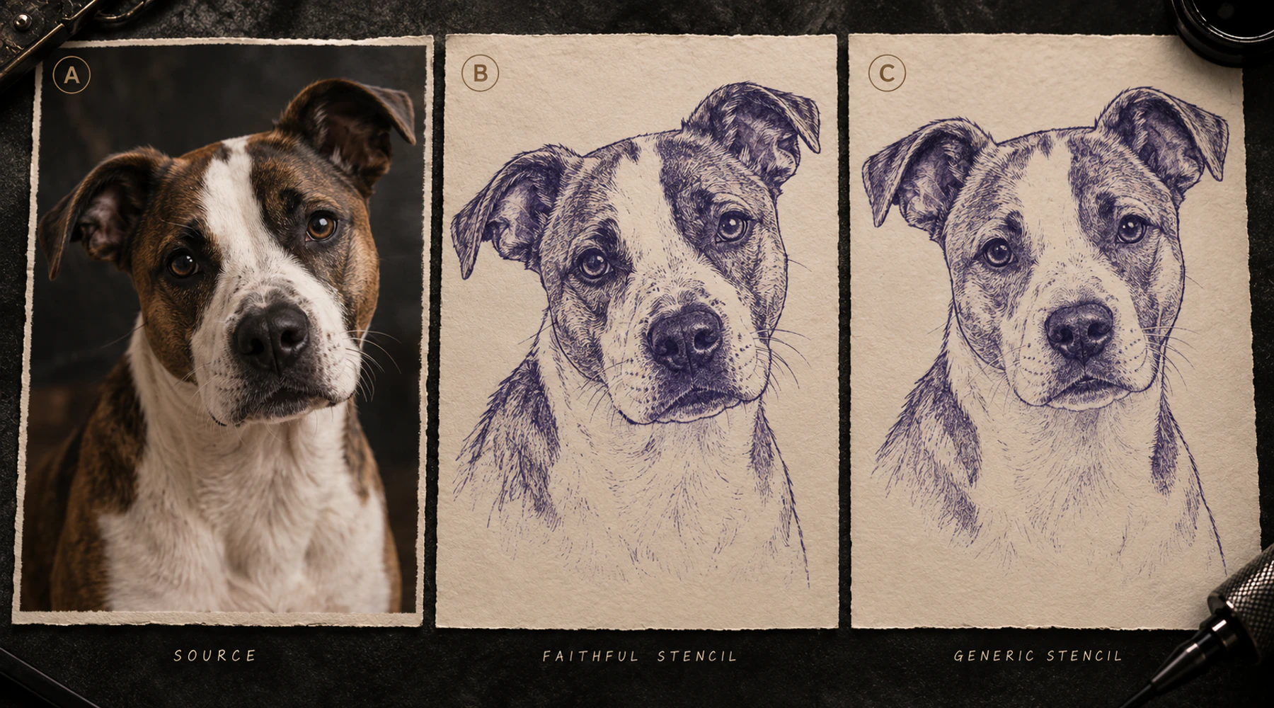 Same schematic pet source compared with a faithful stencil and a genericized stencil whose ear symmetry, eye spacing, muzzle length and marking placement have changed