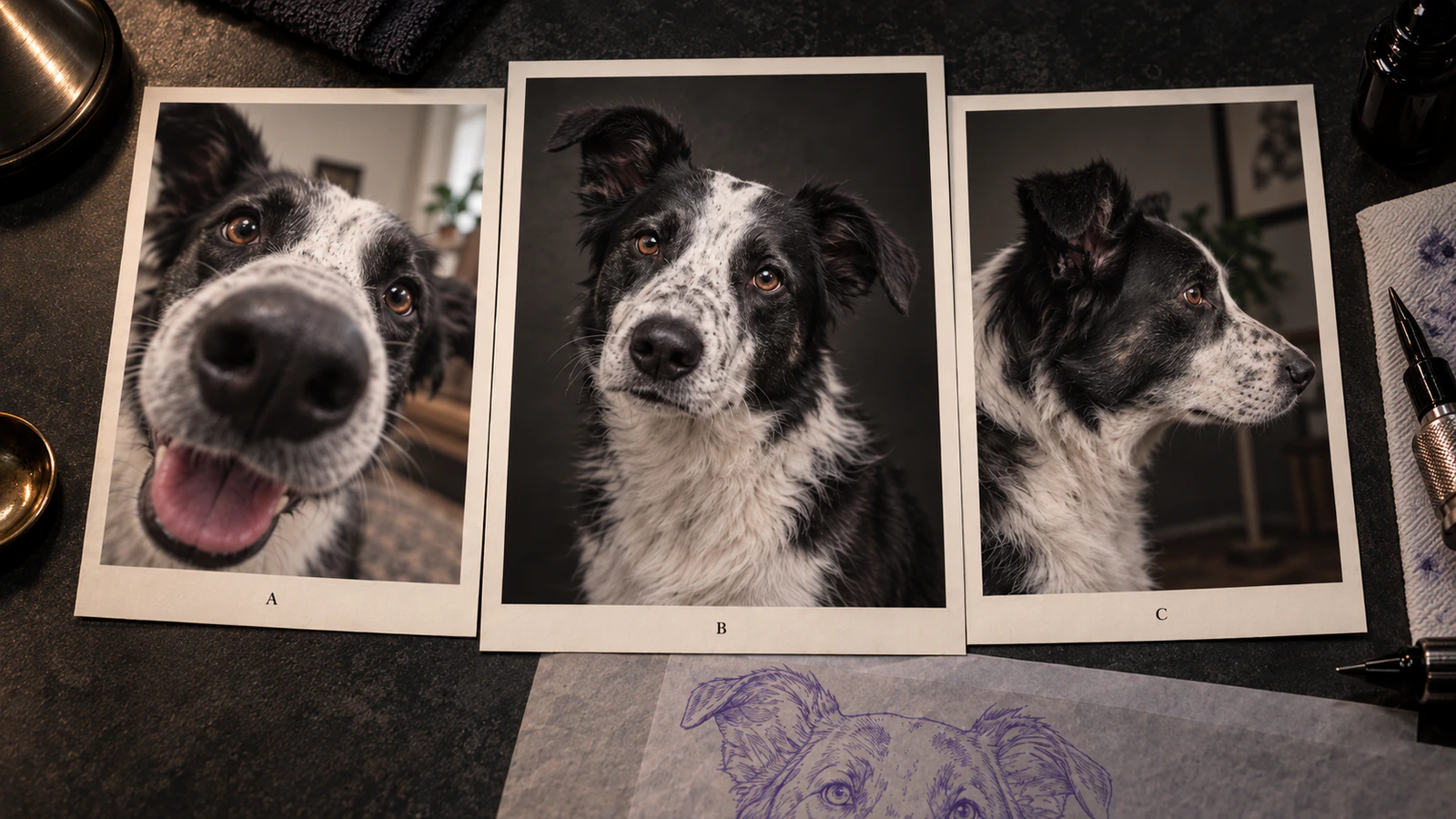 Synthetic pet source-selection diagram comparing a close distorted photo, a strong primary reference, and a technically useful but incomplete supporting photo