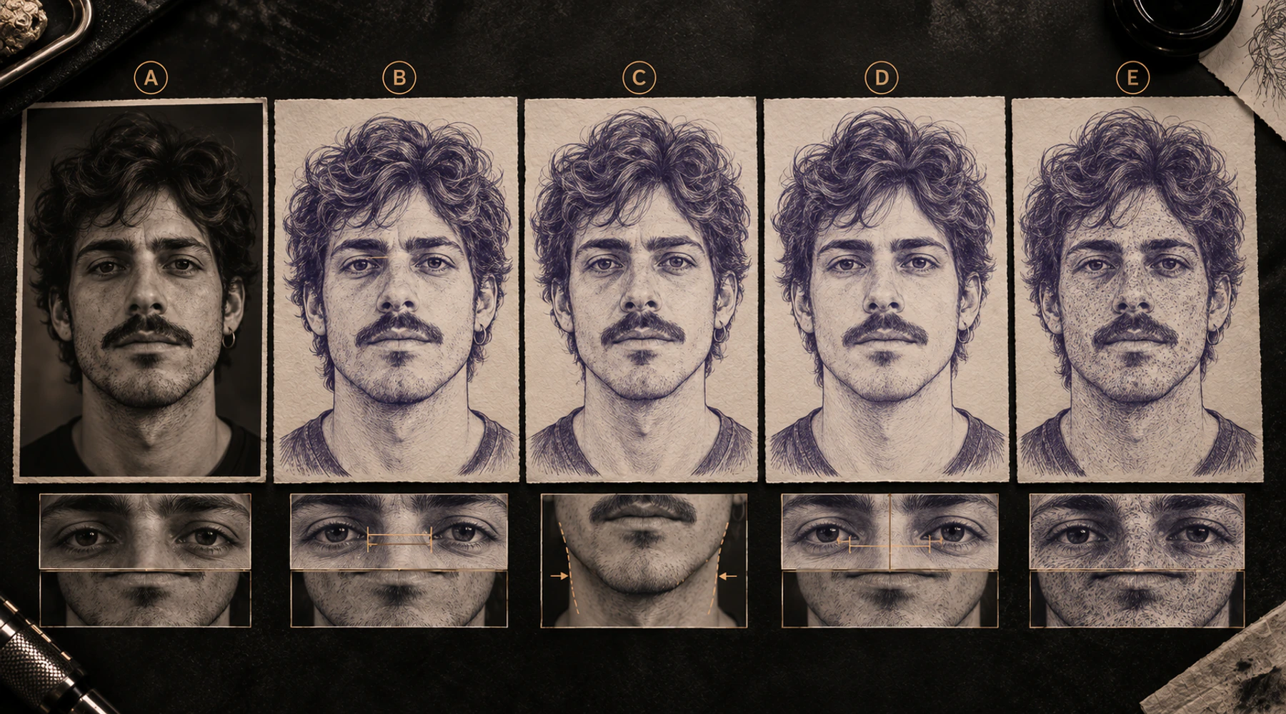 Portrait likeness diagnostic showing a reference-like simplified face beside variants with changed eye spacing, narrowed jaw, removed asymmetry, and extra texture on the wrong structure