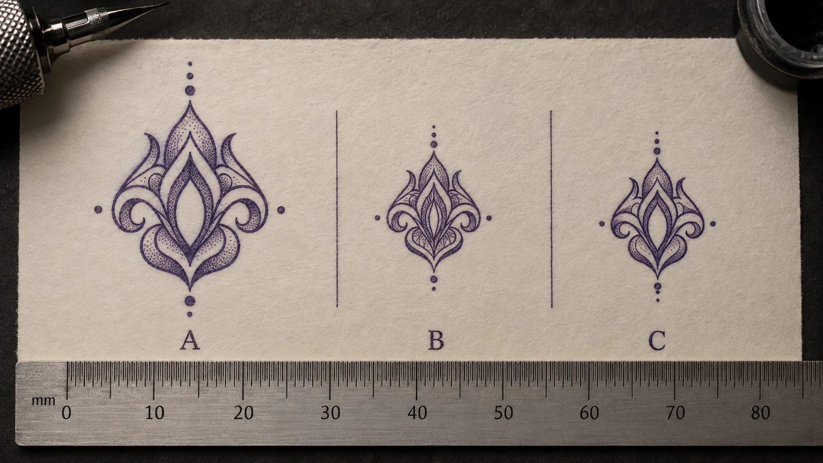 Tattoo stencil final-size comparison showing an important gap becoming too tight, then reopening after selective simplification