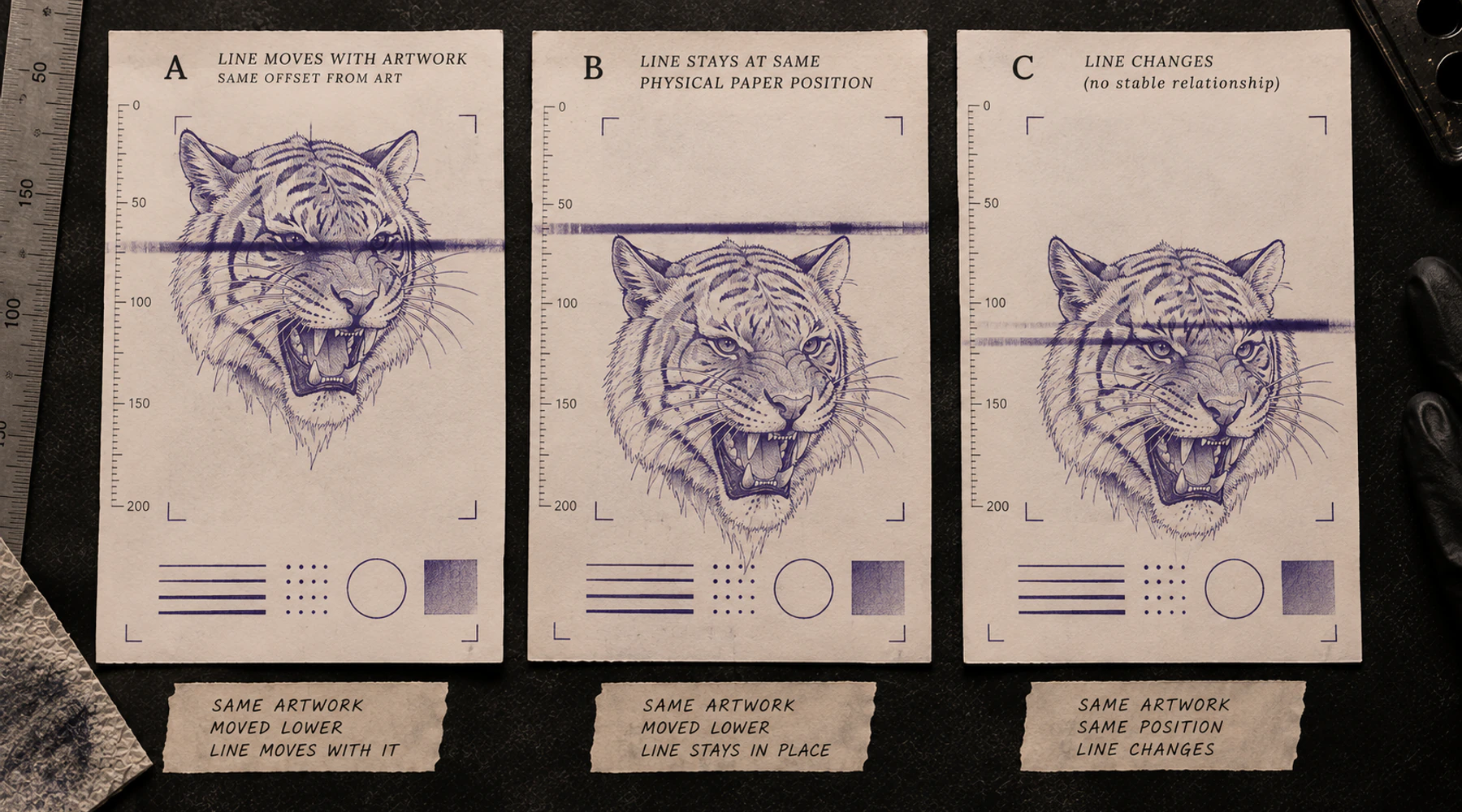 Comparison showing an unwanted black line moving with artwork, staying in the same paper position, or changing between controlled prints