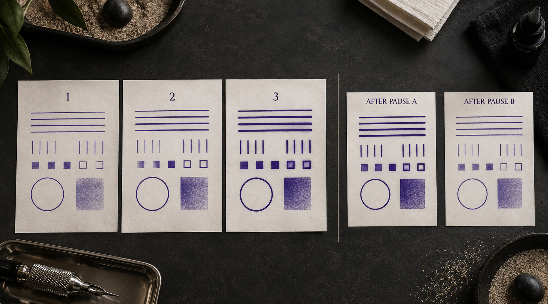 Synthetic repeat-print sequence showing a passing first stencil print, later mark-mass growth, gap closure, and two possible post-pause outcomes