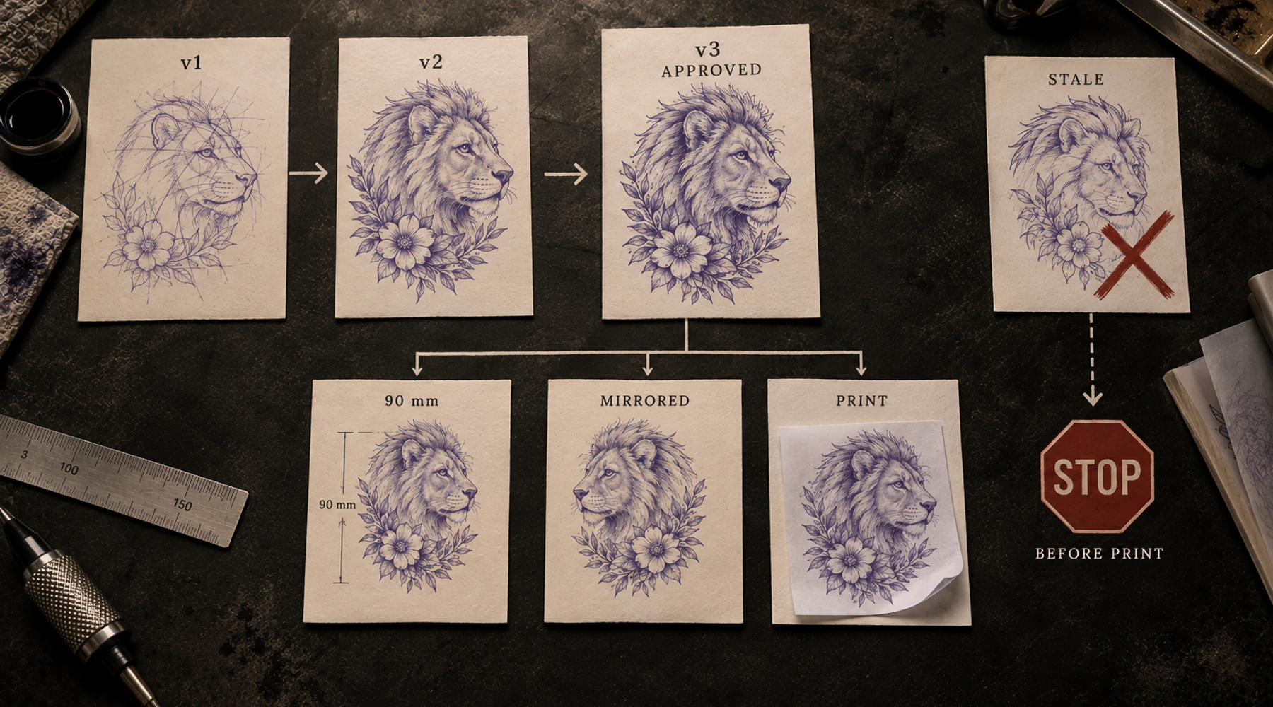 Tattoo stencil revision traceability diagram showing working revisions, an approved design freeze, production variants, an exact print artifact, and a stale export stop path