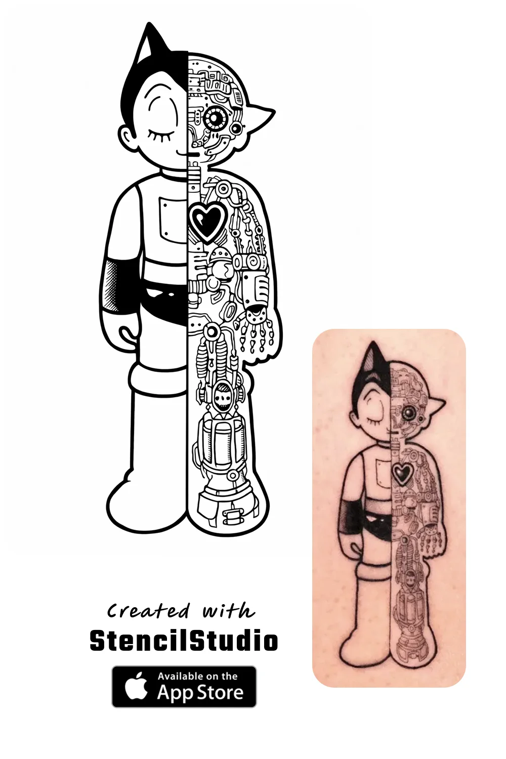 Anime Tattoo Stencil Group example featuring astro boy linework and readable silhouette