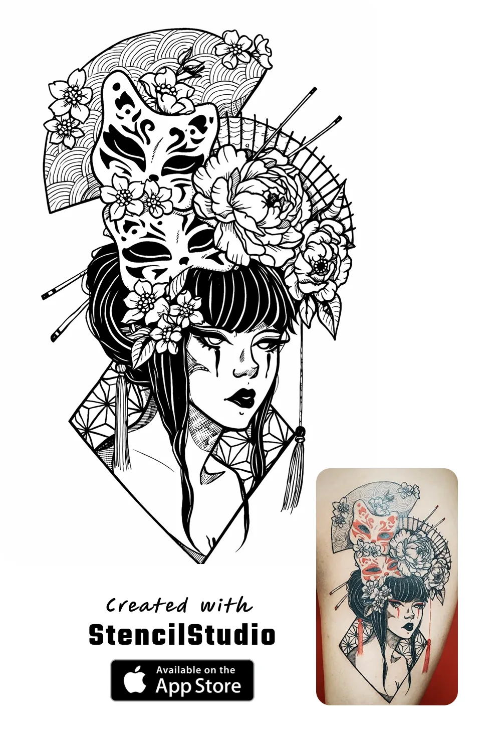 Anime Tattoo Stencil Group example featuring geisha with kitsune masks linework and readable silhouette