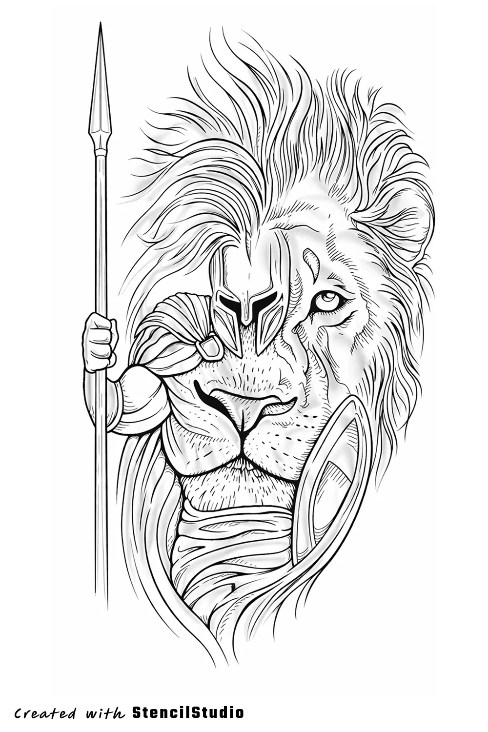Lion warrior fantasy tattoo stencil