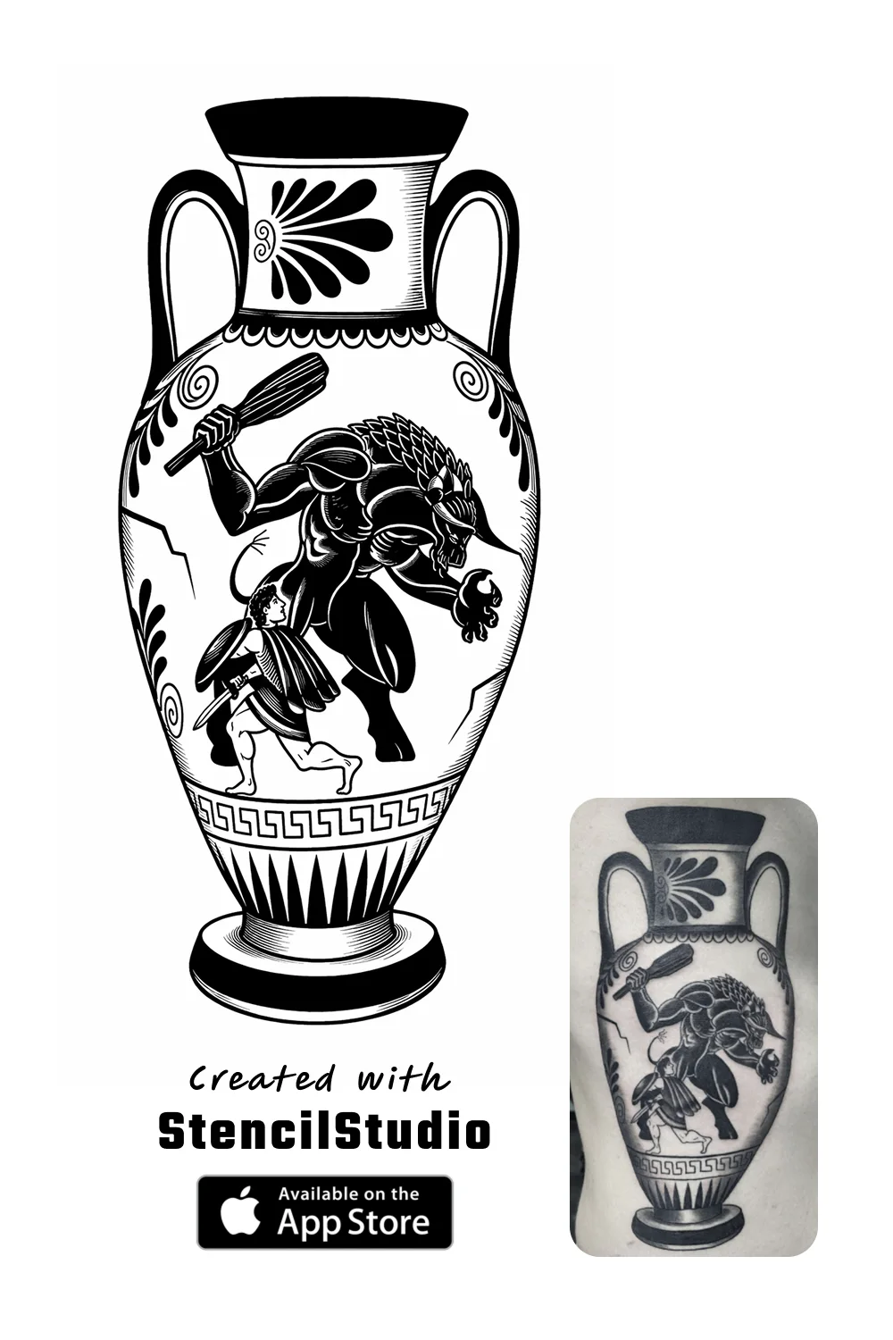 Symbol Tattoo Stencil Group example featuring greek amphora linework and readable silhouette
