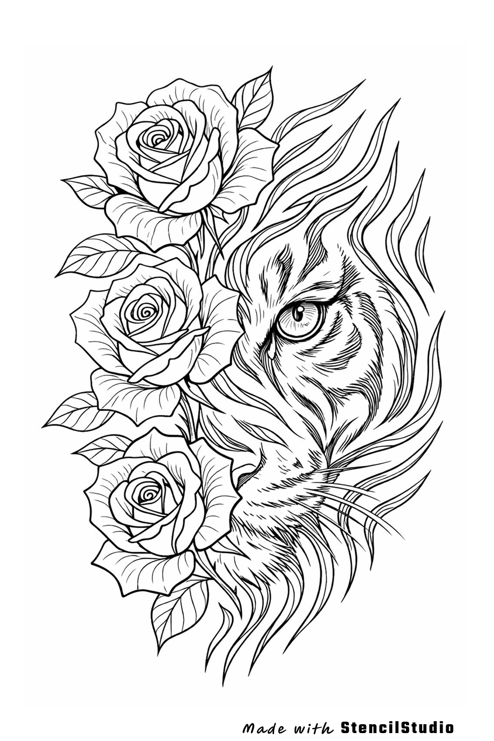 Tiger portrait with roses before tattoo stencil generation